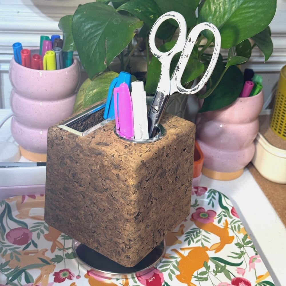 Park Sherman Cork Bulletin Cube Desk Organizer/Pen Caddy, Vintage Circa 1960s